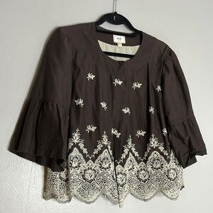 ECI New York Brown Crop Bohemia. Single snap embroidered botanical jacket